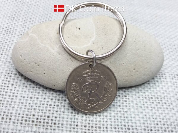 Denmark 1958 coin pendant keychain. 66 year old 25 ore coin with Crown R initial