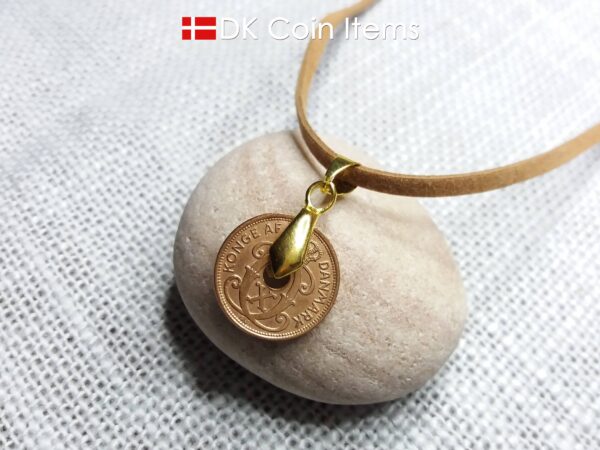 Denmark 1938 coin necklace. 86 year old coin pendant. Copper 1 ore with Crown C initial