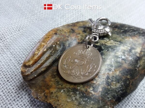 Denmark 1958 coin pendant charm. 66 year old 25 ore coin with Crown R initial