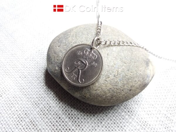 Denmark 1962 coin pendant necklace. 62 year old R initial 25 ore. 62nd birthday gift. Danish vintage gift