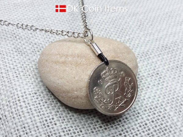 Denmark 1956 coin pendant necklace with 68 year old R initial 25 ore