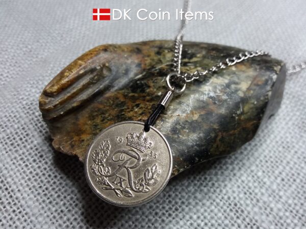 Denmark 1955 coin pendant necklace with 69 year old R initial 25 ore