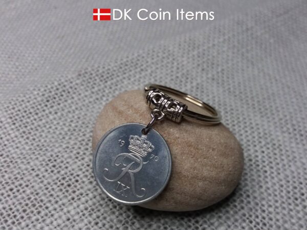 Denmark 1970 coin keychain. 54 year old R-initial 2 ore coin pendant. 54th birthday gift.