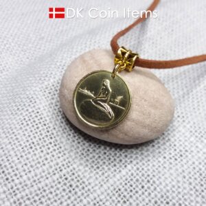 Danish coin necklace with The Little Mermaid on a vintage token coin from Copenhagen