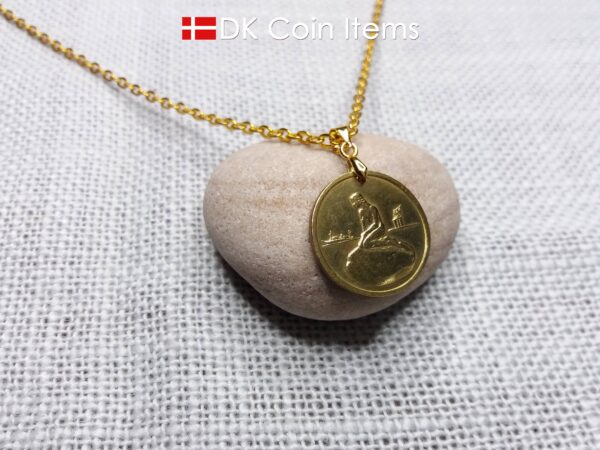 Token necklace with The Little Mermaid sculpture on a vintage Copenhagen token coin from Denmark