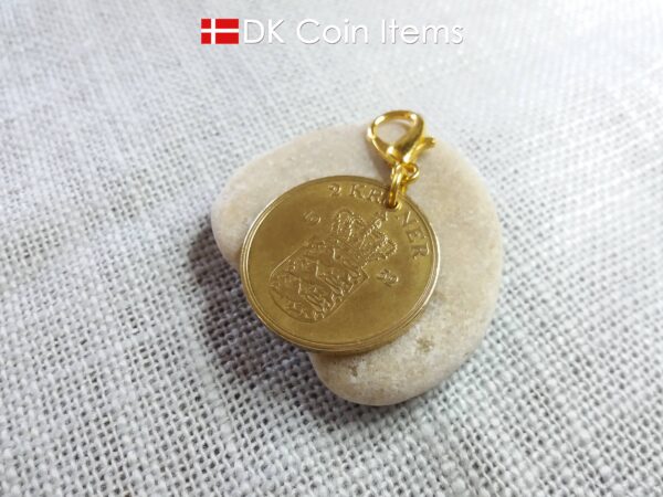 Denmark 1952 coin charm. 72 year old Golden Crown Coat of Arms 2 kroner coin pendant. Vintage souvenir gift.