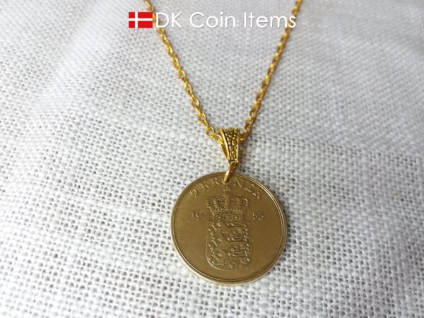 Denmark 1953 coin necklace. 71 year old Golden Crown Danish Coat of Arms 2 kroner as coin pendant