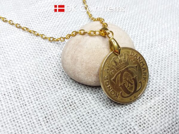 Denmark 1939 coin necklace. 85 year old golden Crown C initial 2 kroner coin pendant. Antique Danish souvenir gift