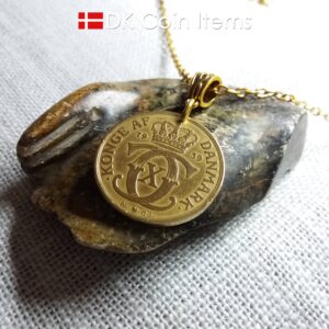 Denmark 1939 coin necklace. 85 year old golden coin pendant. Danish Crown C initial 2 kroner. Antique souvenir gift