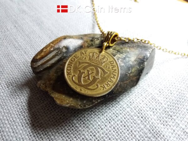 Denmark 1939 coin necklace. 85 year old golden coin pendant. Danish Crown C initial 2 kroner. Antique souvenir gift