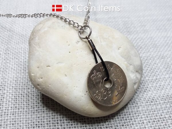 Denmark 1988 coin necklace. 36 year old coin pendant. Crown M Initial 25 ore. Danish vintage souvenir gift