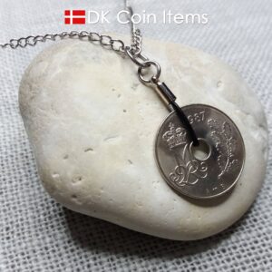 Denmark 1987 coin necklace. 37 year old Crown M Initial 25 ore coin pendant. Danish vintage souvenir gift
