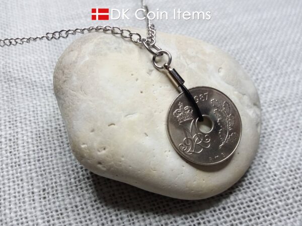 Denmark 1987 coin necklace. 37 year old Crown M Initial 25 ore coin pendant. Danish vintage souvenir gift