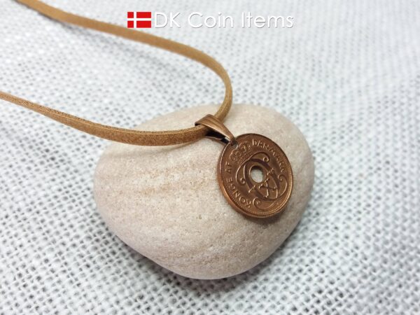 Denmark coin necklace with 86 year old coin pendant. Danish initial C copper 1 ore coin