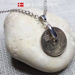 Denmark 1973 coin necklace. 51 year old Crown M Initial 25 ore coin pendant. Danish vintage souvenir gift