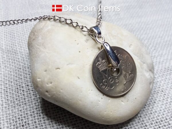 Denmark 1973 coin necklace. 51 year old Crown M Initial 25 ore coin pendant. Danish vintage souvenir gift