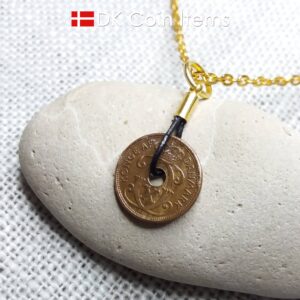 Antique Danish 1934 coin necklace with 87 year old Crown C initial copper 1 ore coin pendant from Denmark