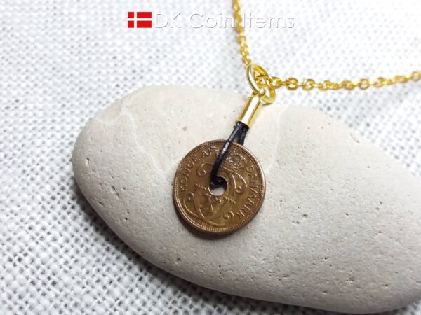 Antique Danish 1934 coin necklace with 87 year old Crown C initial copper 1 ore coin pendant from Denmark