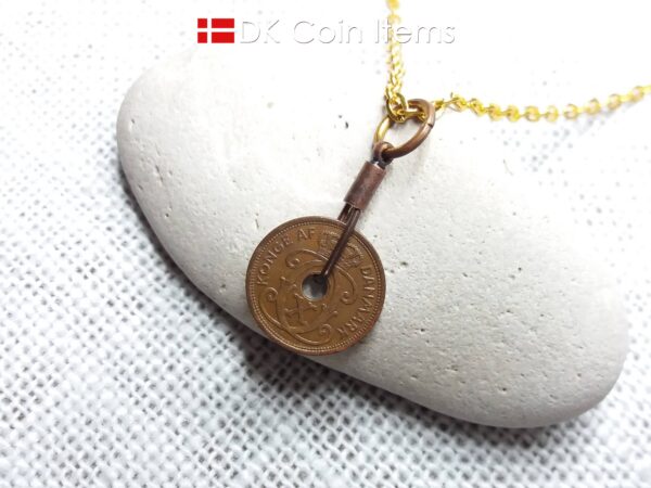 Antique Danish 1930 coin necklace with 94 year old Crown C initial copper 1 ore coin pendant from Denmark