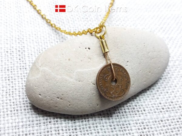 Danish 1933 coin necklace. 91 year old copper 1 ore from Denmark. Antique Crown C initial coin as pendant