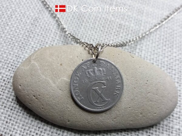 Denmark 1941 coin necklace. 83 year old Crown C initial 2 ore coin pendant. 83rd birthday gift. Antique Danish vintage souvenir gift.