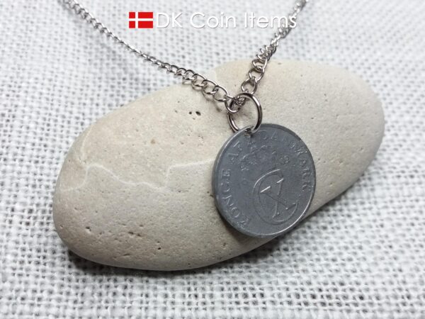 Denmark 1942 coin necklace. 82 year old Crown C initial 2 ore coin pendant. 82nd birthday gift. Antique Danish vintage souvenir gift