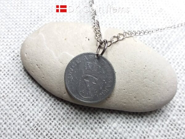 Denmark 1943 coin necklace. 81 year old Crown C initial 2 ore coin pendant. 81st birthday gift. Antique Danish vintage souvenir gift