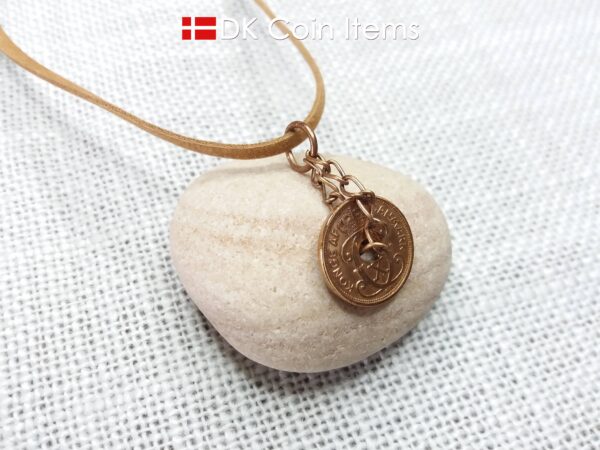 Denmark 86 year old coin pendant. Coin necklace with Danish initial C copper 1 ore