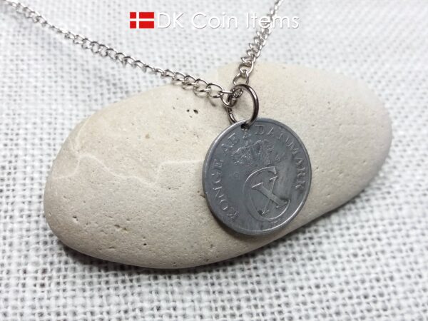 Denmark 1944 coin necklace. 80 year old Crown C initial 2 ore coin pendant. 80th birthday gift. Antique Danish vintage souvenir gift