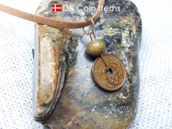 Denmark antique 1940 coin necklace. 84 year old Crown C initial copper 1 ore coin pendant. Danish vintage souvenir. 84th birthday gift