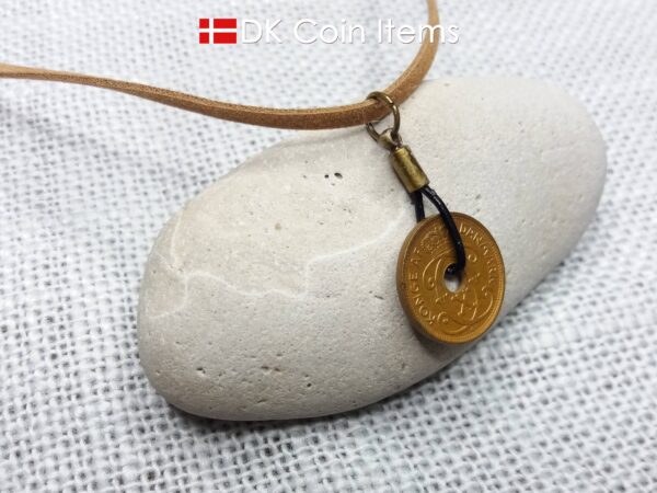 Denmark 1940 coin necklace. 84 year old Crown C initial copper 1 ore coin pendant. Antique Danish vintage souvenir. 84th birthday gift