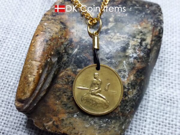 Denmark vintage token coin necklace with The Little Mermaid sculpture in Copenhagen. Danish fairy tale souvenir