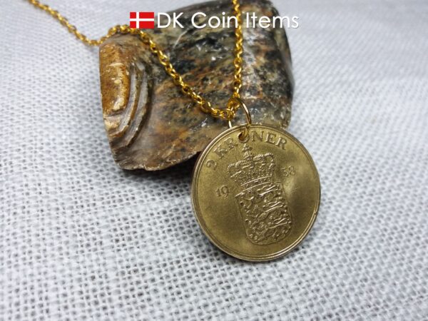 Denmark 1958 coin necklace. 66 year old Golden Crown Coat of Arms 2 kroner coin pendant