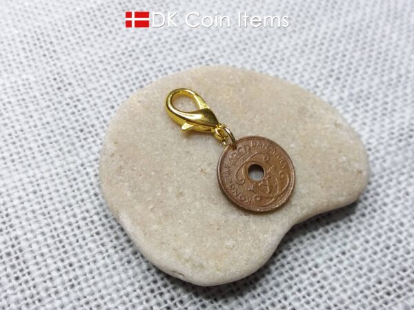 Denmark 1940 coin charm. 84 year old coin pendant. Copper 1 ore with Crown C initial