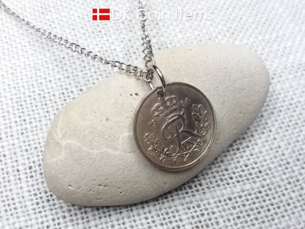 Denmark 1954 coin necklace. 70 year old coin pendant. Danish 25 ore with Crown R initial