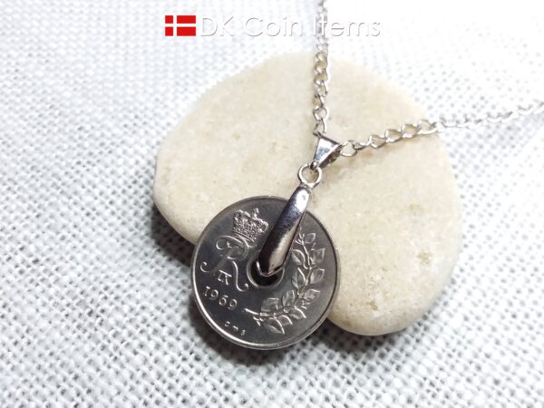 Denmark 1969 coin necklace. 55 year old coin pendant. Danish 25 ore with Crown R initial