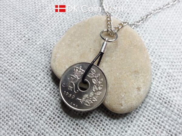 Denmark 1969 coin necklace. 55 year old coin pendant. Initial R 25 ore. Danish Crown souvenir