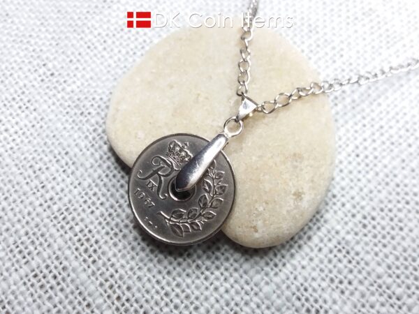 Denmark 1967 coin necklace. 57 year old coin pendant. Danish 25 ore with Crown R initial