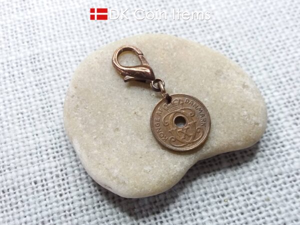 Denmark 1930 coin charm. 94 year old coin pendant. Copper 1 ore with Crown C initial