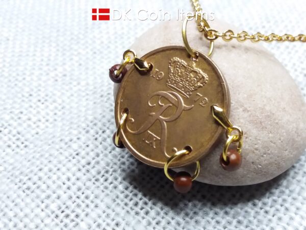 Denmark 1972 coin necklace with 52 year old R initial 5 ore as coin pendant