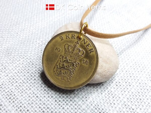 Denmark 1958 coin pendant necklace. 66 year old Golden Crown Coat of Arms 2 kroner coin