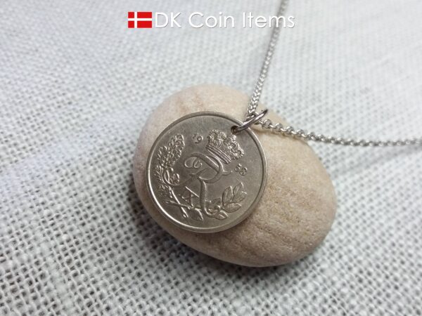 Denmark 1958 coin pendant necklace. 66 year old 25 ore coin with Crown R initial