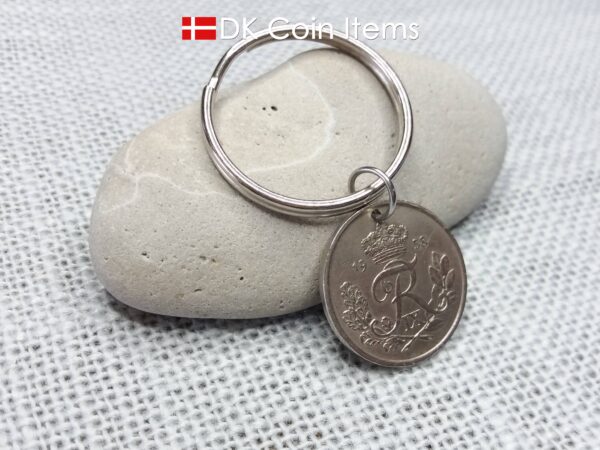 Denmark 1958 coin pendant keychain. 66 year old 25 ore coin with Crown R initial