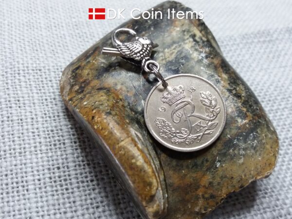 Denmark 1958 coin pendant charm. 66 year old 25 ore coin with Crown R initial