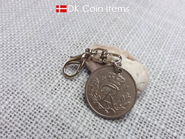 Denmark 1958 coin charm. 66 year old 25 ore with Crown R initial coin pendant