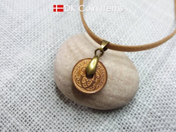 Denmark 1938 initial C coin pendant necklace with 86 year old Danish copper 1 ore coin