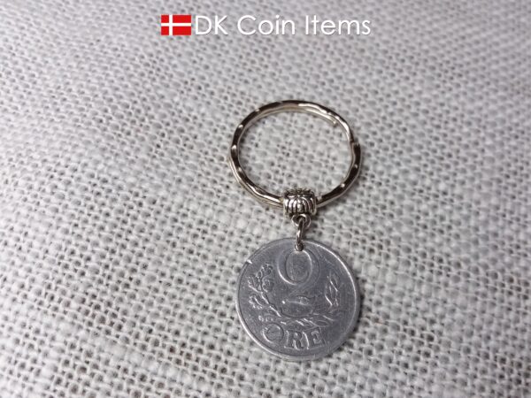 Denmark 1941 coin keychain. 83 year old C initial 2 ore coin pendant