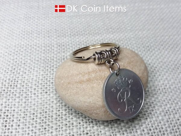 Denmark 1970 coin keychain. 54 year old R-initial 2 ore coin pendant. 54th birthday gift.