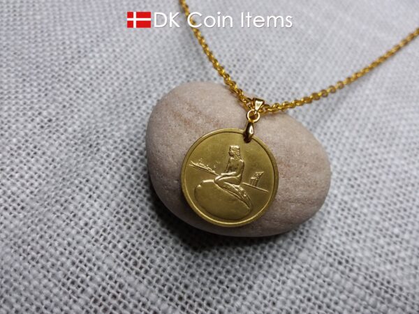 Token necklace with The Little Mermaid sculpture on a vintage Copenhagen token coin from Denmark