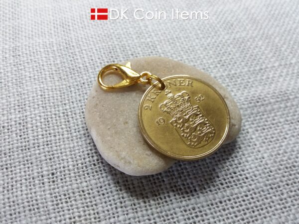 Denmark 1952 coin charm. 72 year old Golden Crown Coat of Arms 2 kroner coin pendant. Vintage souvenir gift.